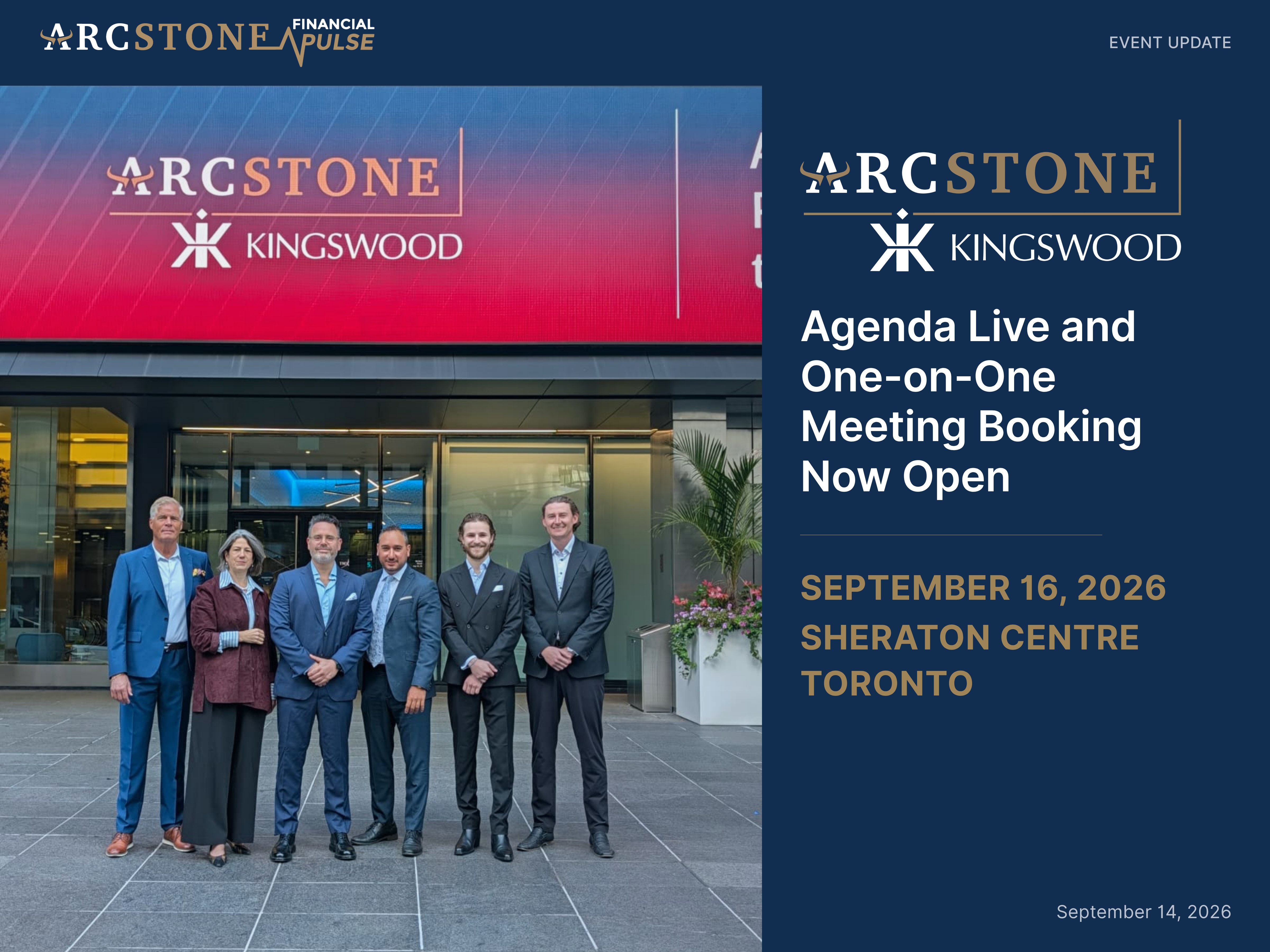 ArcStone Kingswood team outside the Toronto Stock Exchange under the ArcStone Kingswood billboard