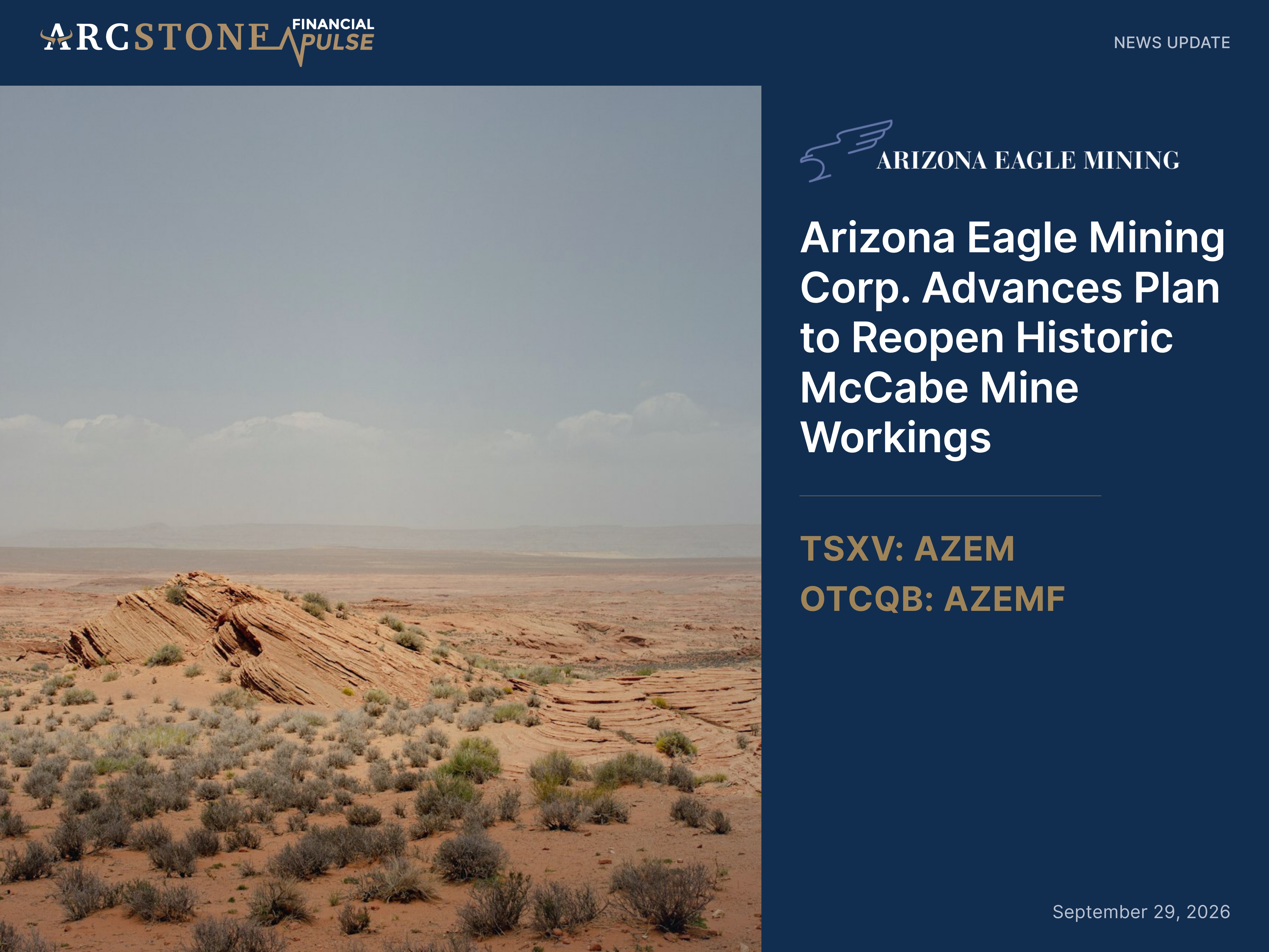 Arizona Eagle Mining Corp. Advances Plan to Reopen Historic McCabe Mine Workings