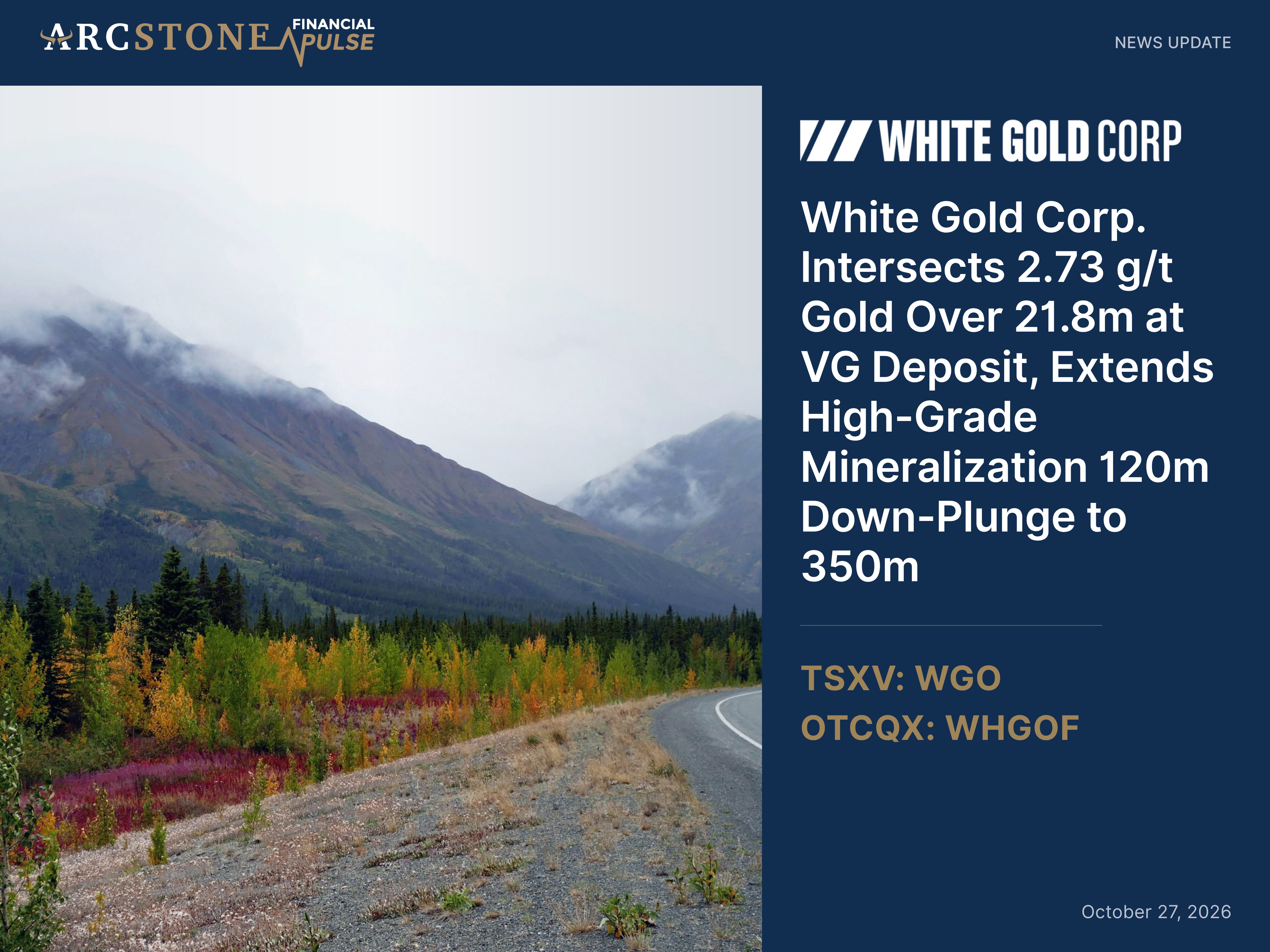 White Gold Corp. Intersects 2.73 g/t Gold Over 21.8m at VG Deposit, Extends High-Grade Mineralization 120m Down-Plunge to 350m